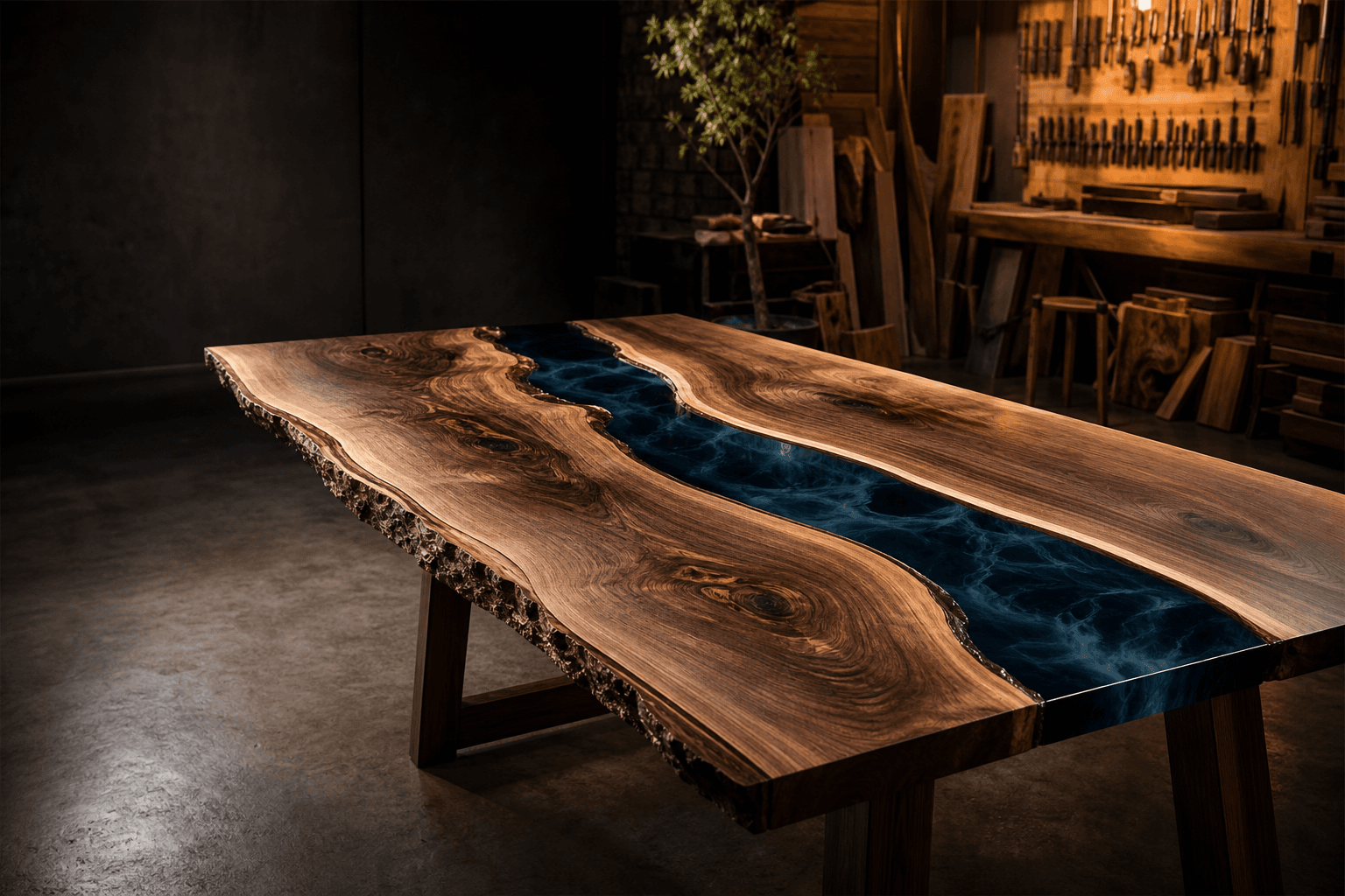 Custom live edge walnut table with dark blue epoxy river
